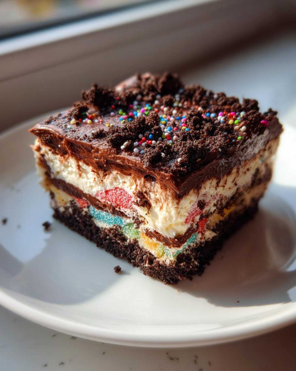 A layered slice of amazing dirt cake featuring a dark chocolate crust, cream filling, colorful gummy candies, and chocolate topping with sprinkles.