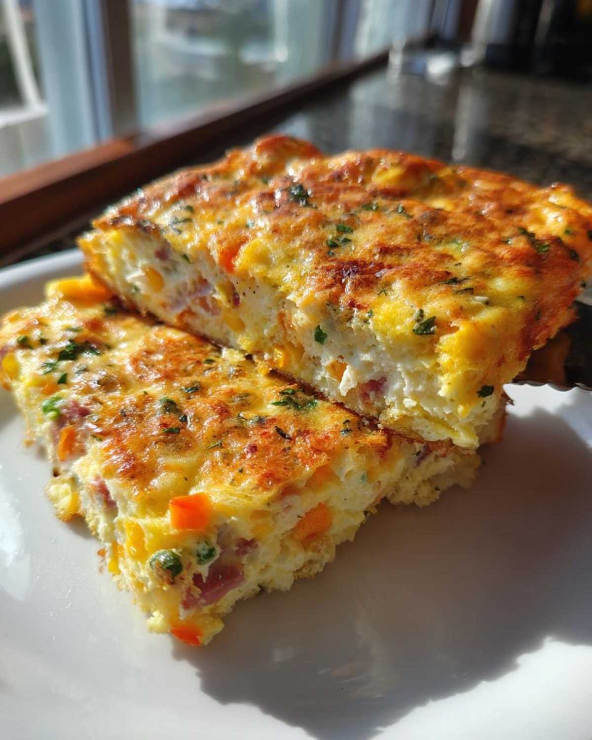 Two slices of a fluffy, golden brown egg bake with visible ham and orange peppers, garnished with parsley.