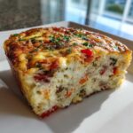 A thick, golden-brown slice of savory egg bake filled with colorful vegetables and herbs.