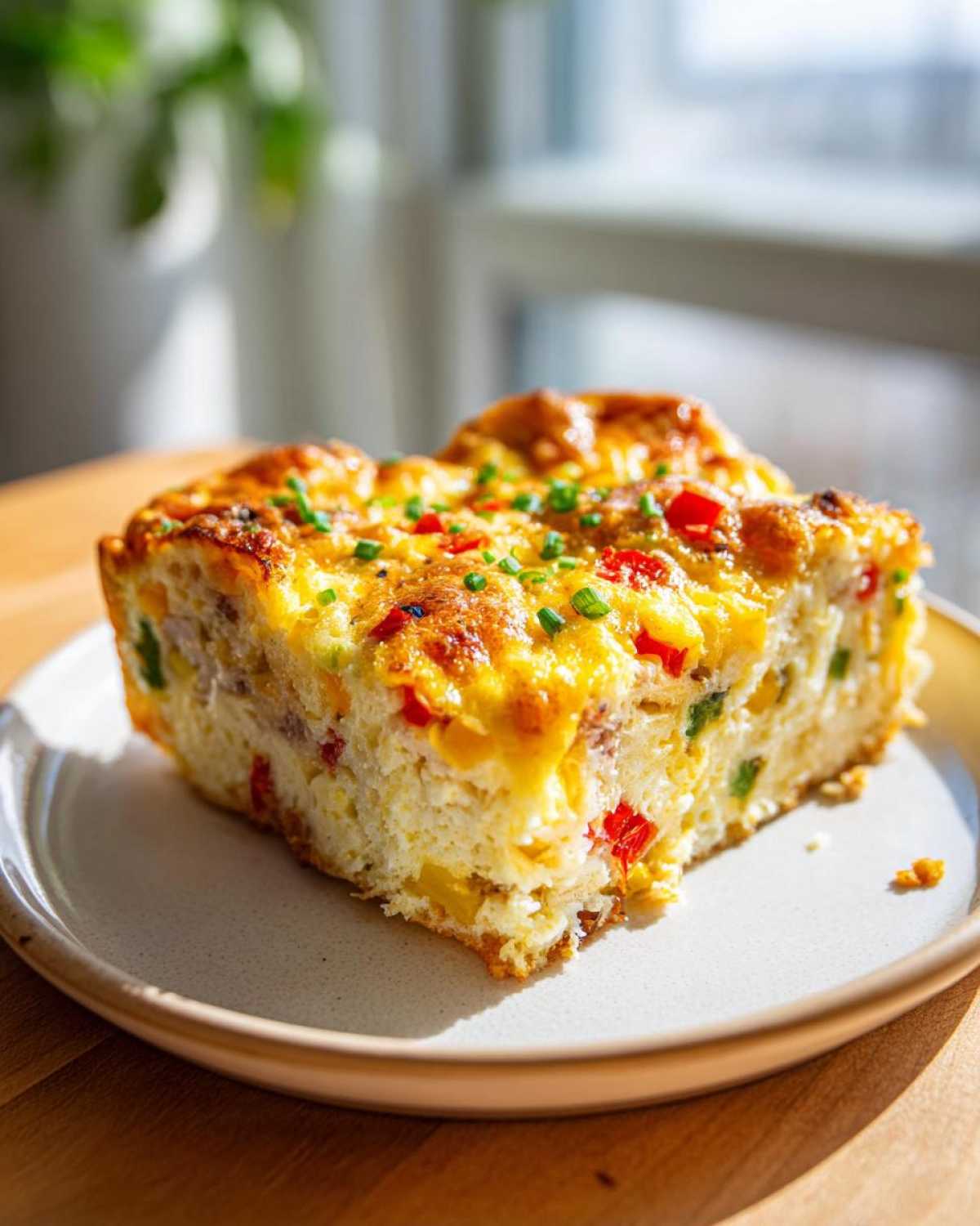 A thick, golden-brown slice of savory egg bake with visible red peppers and chives on top.
