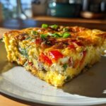 A close-up, sunlit slice of a savory egg bake filled with peppers and greens on a speckled plate.