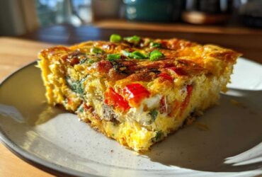 A close-up, sunlit slice of a savory egg bake filled with peppers and greens on a speckled plate.