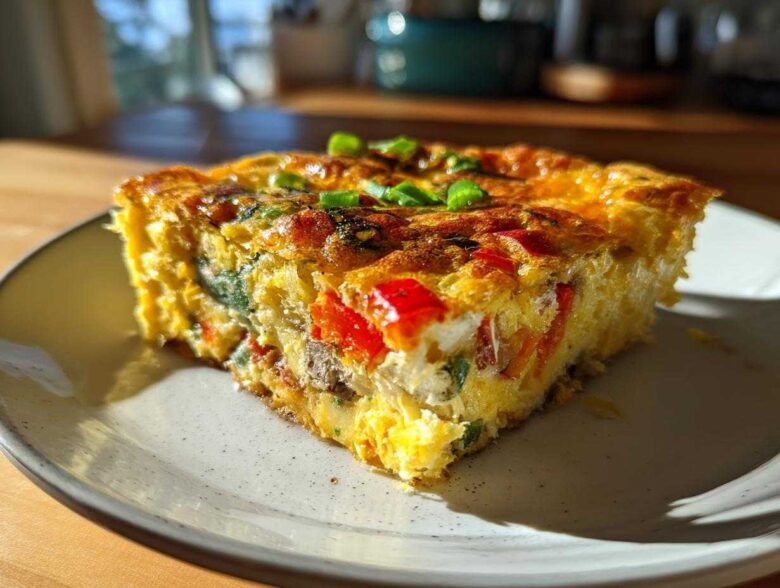 A close-up, sunlit slice of a savory egg bake filled with peppers and greens on a speckled plate.