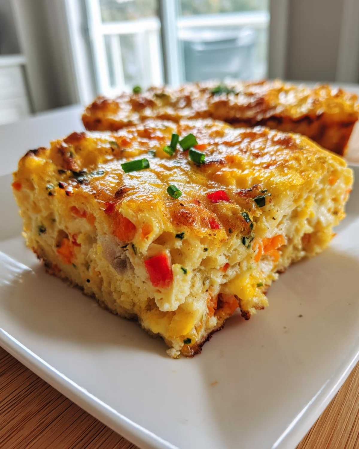 Close-up of a thick slice of vegetable egg bake, showing colorful peppers and topped with chives.