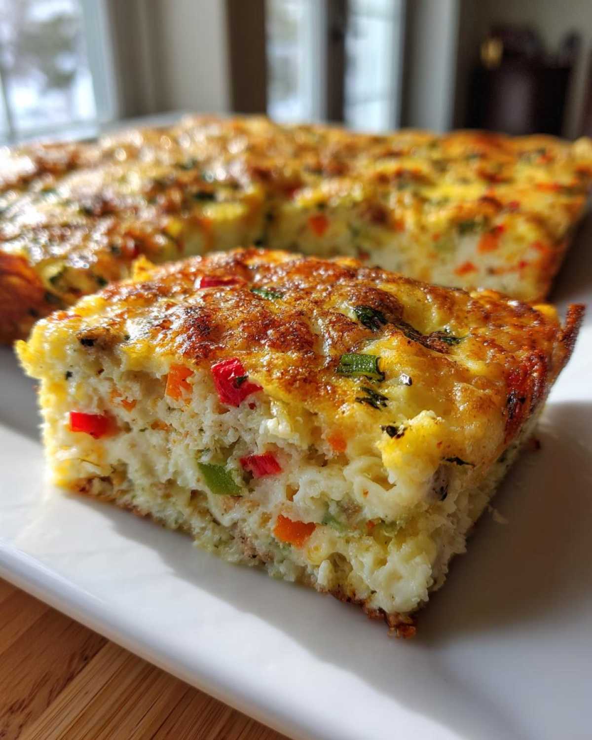 A close-up slice of a fluffy, baked egg bake filled with colorful diced peppers and herbs.
