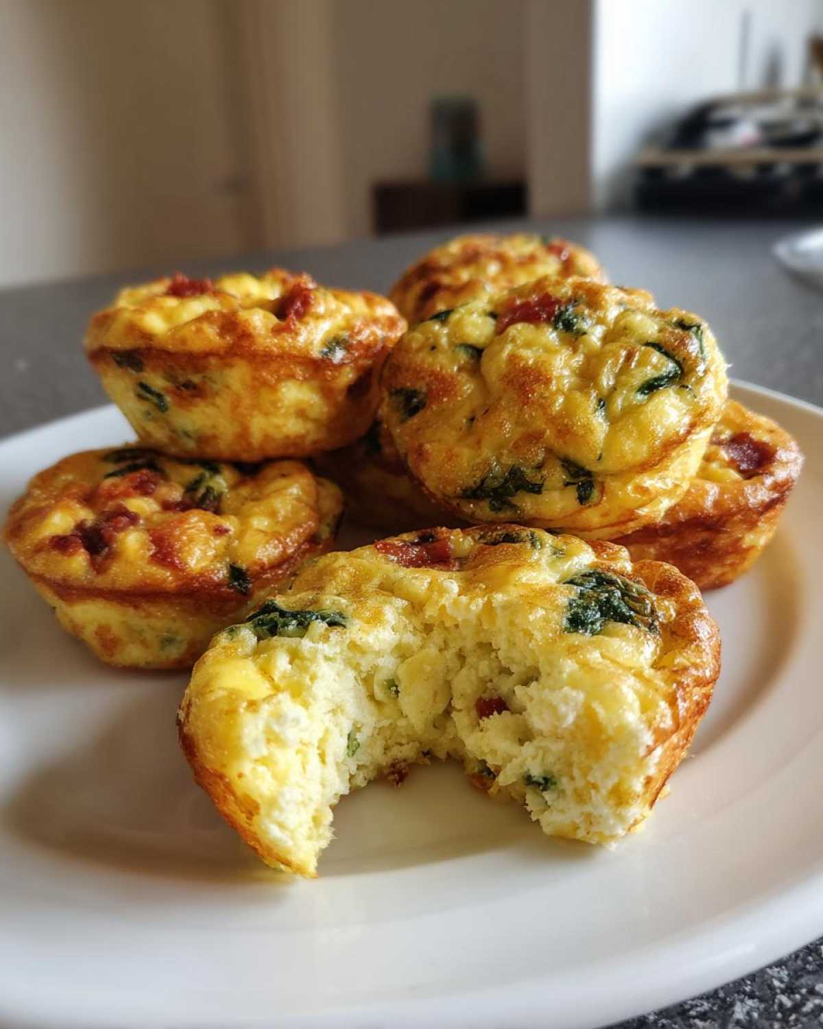 Close-up of several golden brown egg bites on a white plate, one bitten to show the fluffy interior.