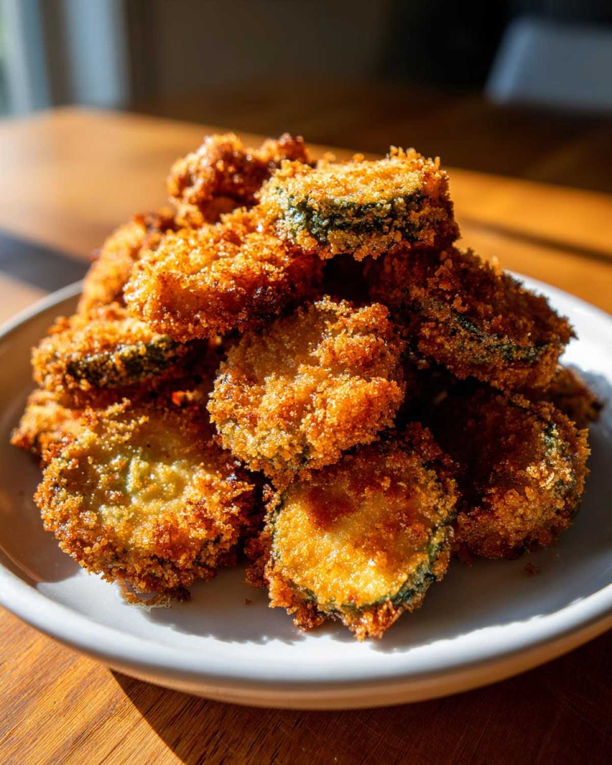 A tall pile of golden brown, crispy breaded Fried Pickles stacked high on a white plate.