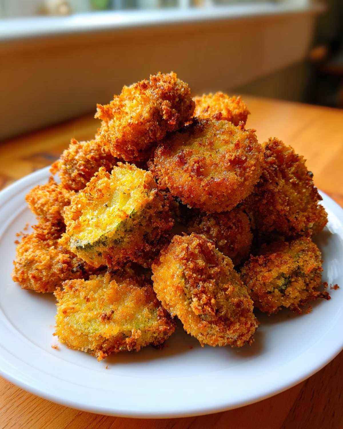 A tall pile of perfectly golden, crispy Fried Pickles stacked on a white plate, ready to eat.