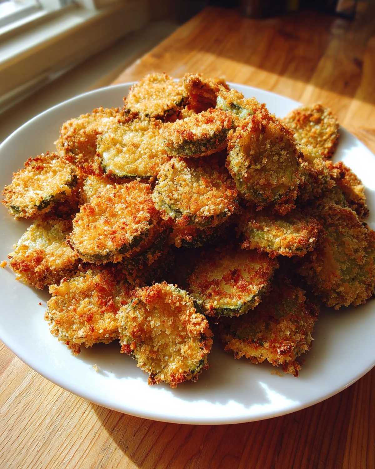 A mound of golden brown, crispy breaded fried pickles piled high on a white plate.