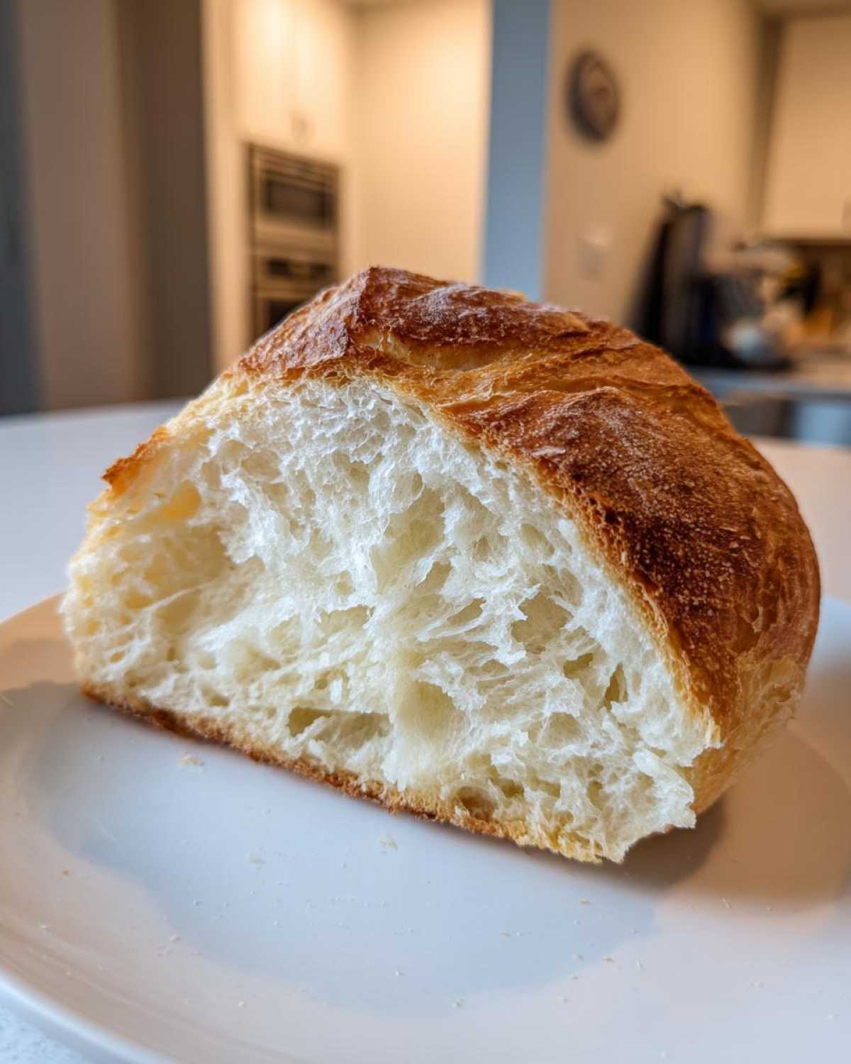 Close-up of a slice of amazing Italian bread showing the open, airy crumb and golden bakery crust.