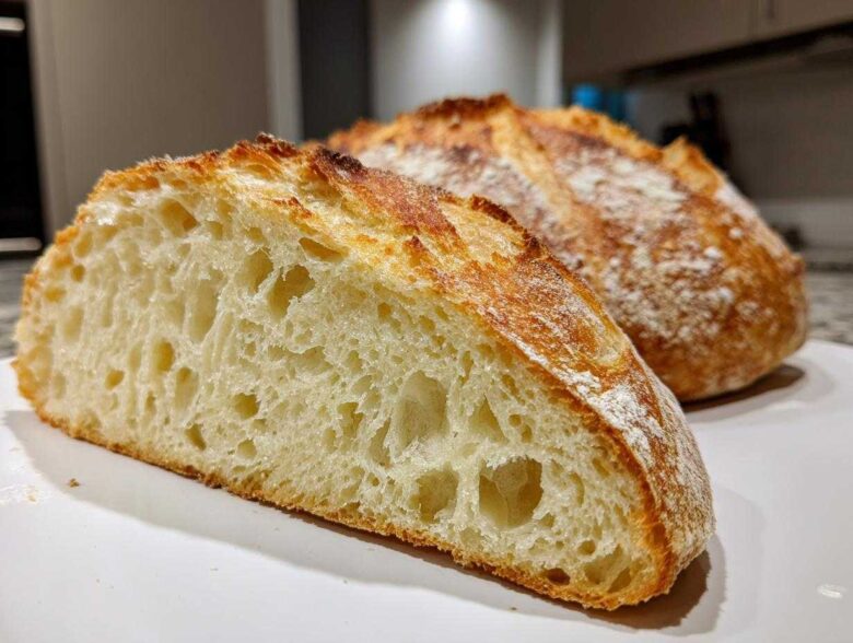 Close-up of a freshly baked Italian bread loaf, showing the open, airy crumb structure and golden, flour-dusted crust.