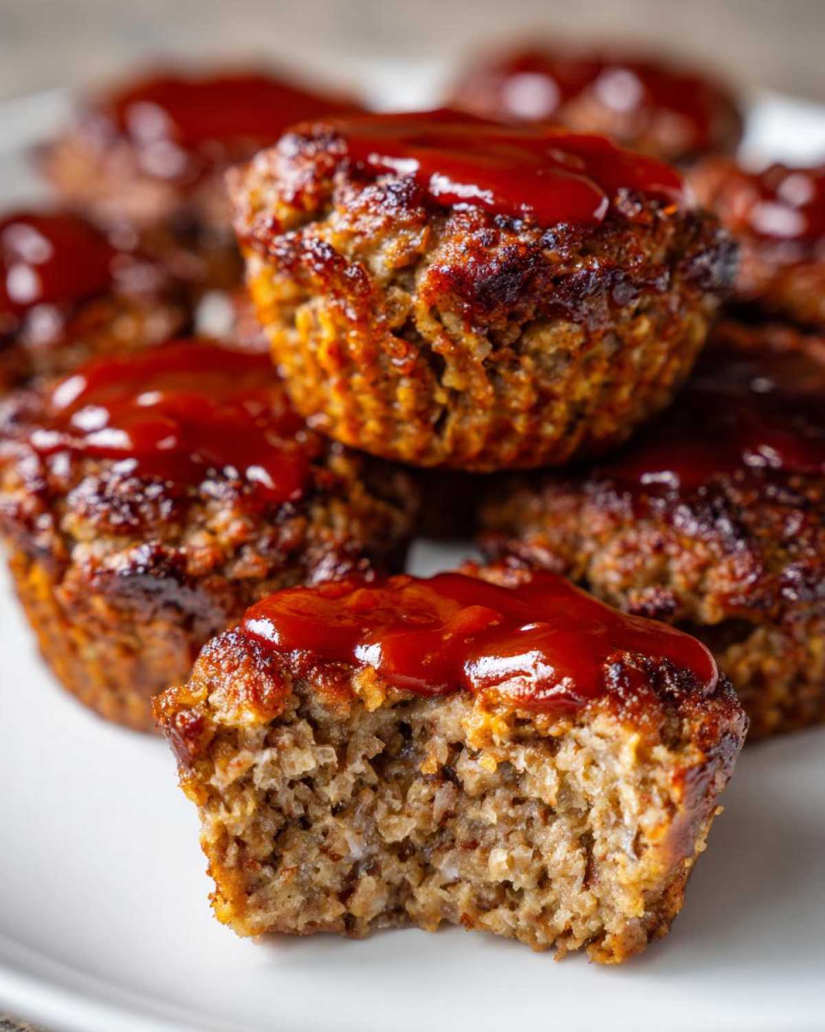 A close-up of several amazing mini meatloaf muffins stacked on a white plate, topped with a thick, glossy ketchup glaze. One has a bite taken out.