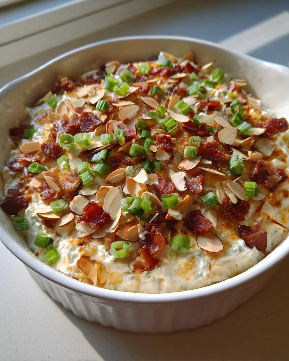 Close-up of the amazing Neiman Marcus dip in a white baking dish, topped generously with bacon bits, sliced almonds, and green onions.