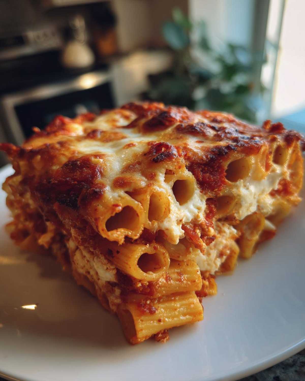 Close-up of a generous slice of baked ziti pasta bake with bubbling, browned cheese topping.