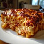 A close-up, tempting slice of baked pasta bake showing tubular pasta, rich sauce, and a deeply browned, cheesy crust.