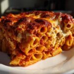 A close-up, dramatic shot of a thick slice of baked pasta bake, featuring tubular pasta, rich tomato sauce, and a deeply browned, cheesy crust.