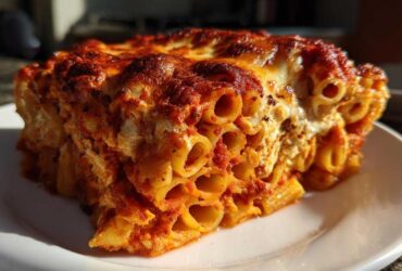 A close-up, dramatic shot of a thick slice of baked pasta bake, featuring tubular pasta, rich tomato sauce, and a deeply browned, cheesy crust.