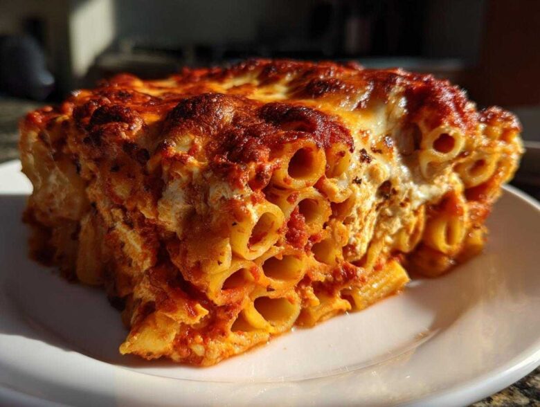 A close-up, dramatic shot of a thick slice of baked pasta bake, featuring tubular pasta, rich tomato sauce, and a deeply browned, cheesy crust.