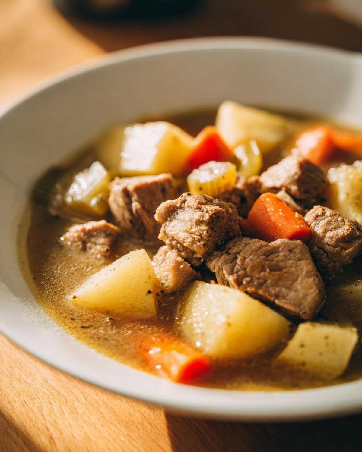 A close-up bowl of amazing 1-pot pork stew featuring tender chunks of meat, potatoes, carrots, and celery in a savory broth.