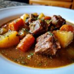 Close-up of tender chunks of meat and vegetables in a rich broth, showcasing the amazing pork stew.