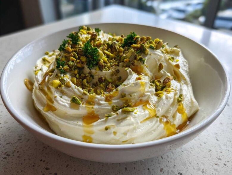 A white bowl filled with creamy ricotta dip, drizzled with honey and topped with chopped pistachios and parsley.