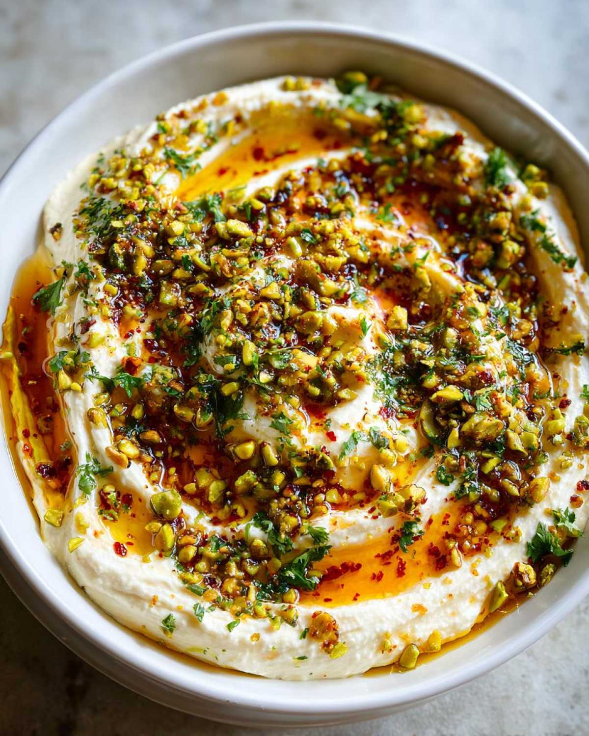 Close-up of a creamy ricotta dip swirled in a white bowl, topped with chopped pistachios, herbs, and chili oil.