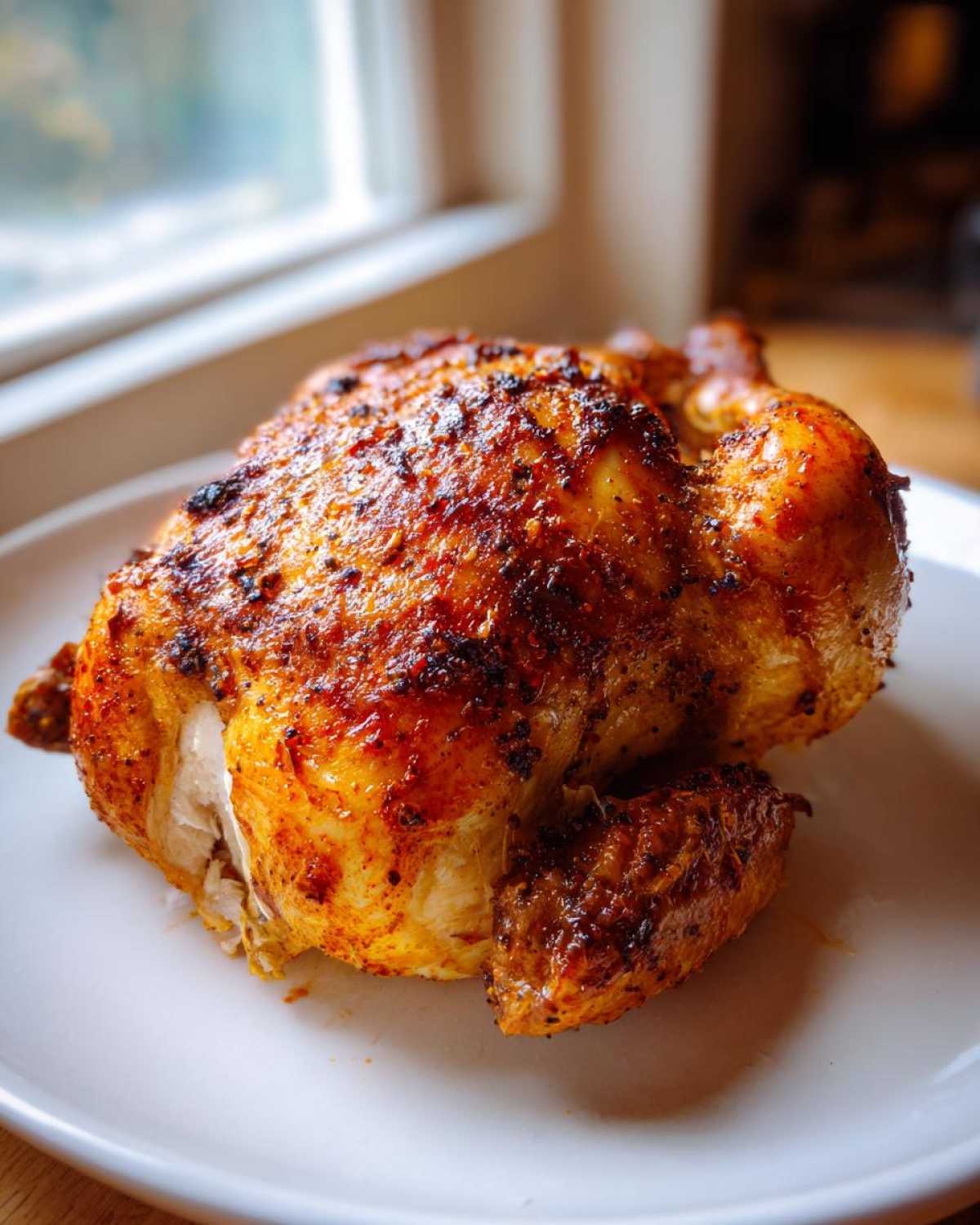 A beautifully roasted whole chicken with deeply browned, seasoned, and crispy skin resting on a white plate.