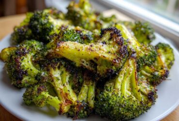 Close-up of crispy, charred roasted broccoli florets sprinkled with Parmesan cheese on a white plate.