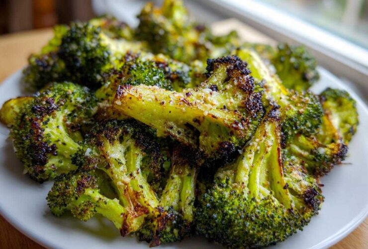 Close-up of crispy, charred roasted broccoli florets sprinkled with Parmesan cheese on a white plate.