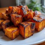 Close-up of caramelized, roasted sweet potato cubes piled on a white plate.