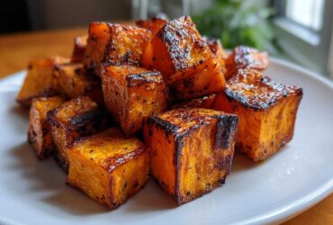 Close-up of caramelized, roasted sweet potato cubes piled on a white plate.