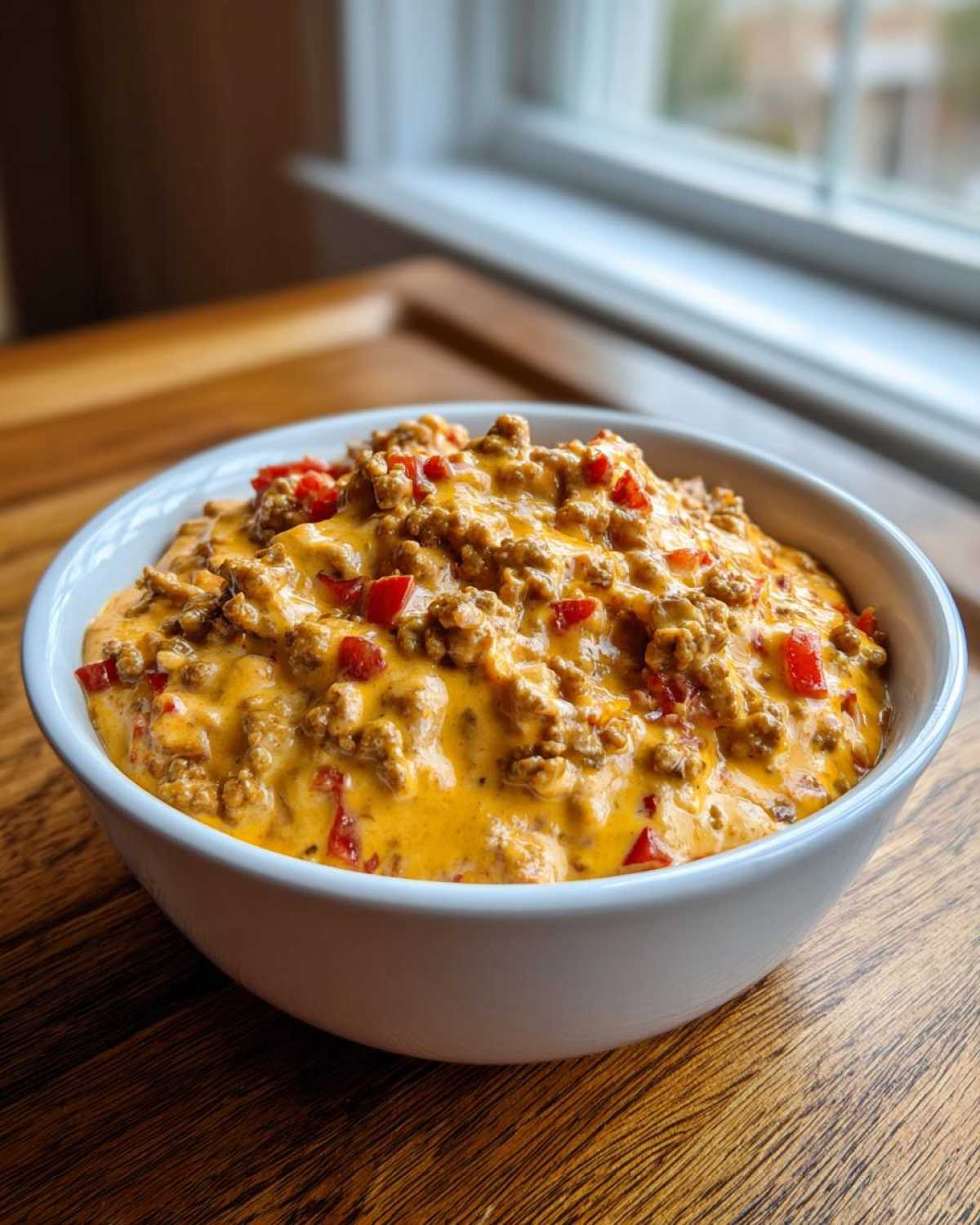 A close-up of a white bowl filled with creamy, cheesy rotel dip mixed with ground meat and diced red peppers.