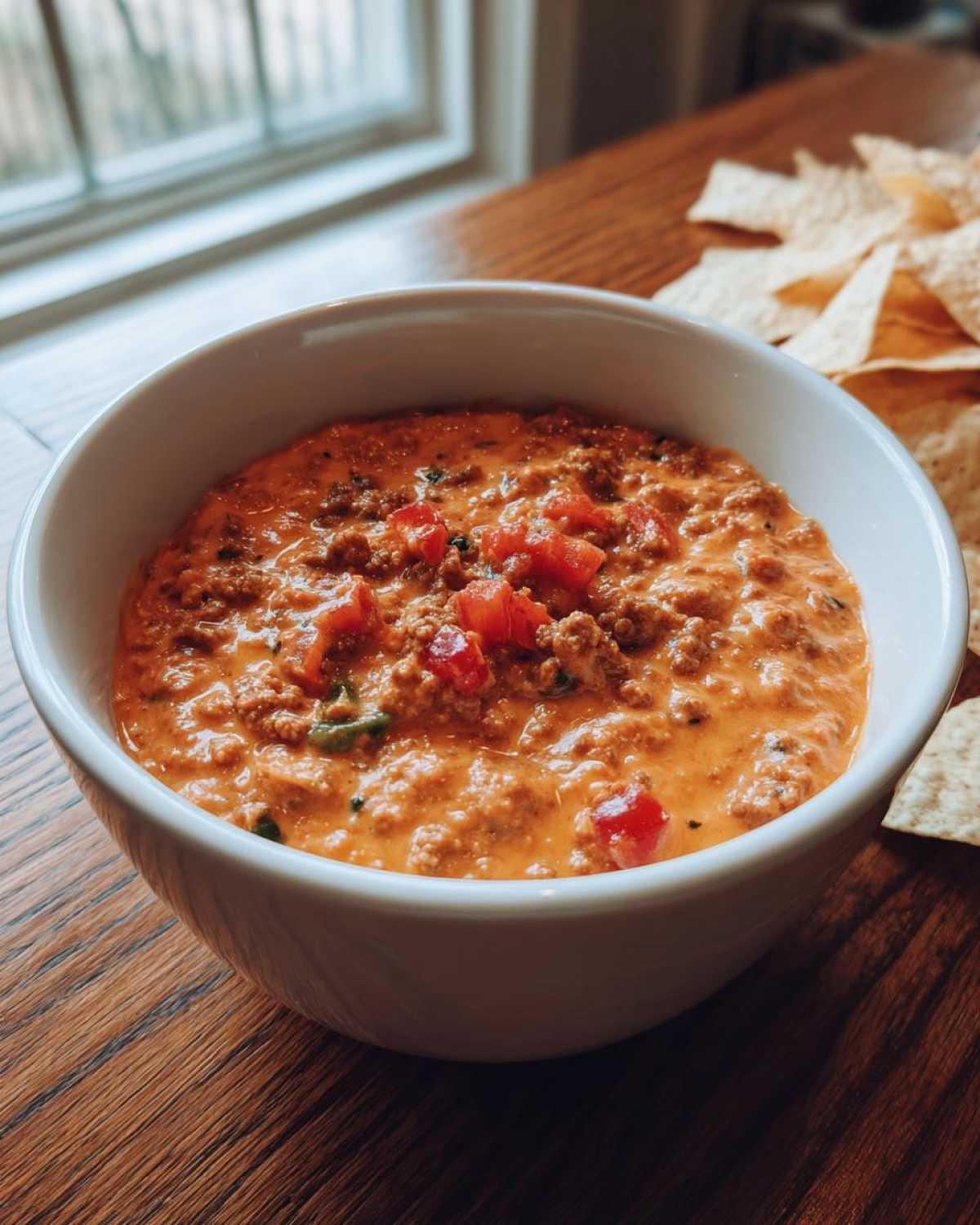 A creamy, cheesy Rotel dip loaded with ground meat and diced tomatoes, served in a white bowl next to tortilla chips.