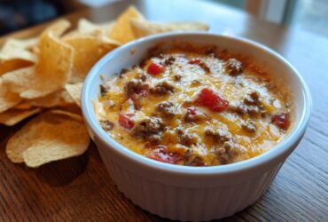 Close-up of a creamy, cheesy rotel dip topped with ground beef and tomatoes, served next to tortilla chips.