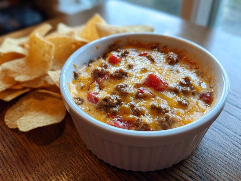 Close-up of a creamy, cheesy rotel dip topped with ground beef and tomatoes, served next to tortilla chips.