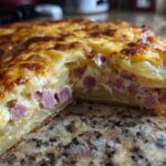 A close-up cross-section view of baked scalloped potatoes and ham, showing layers of potatoes, diced ham, and creamy sauce topped with browned cheese.