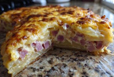 A close-up cross-section view of baked scalloped potatoes and ham, showing layers of potatoes, diced ham, and creamy sauce topped with browned cheese.