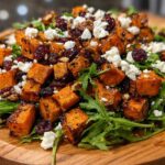 Close-up of amazing sweet potato salad featuring roasted sweet potato cubes, arugula, feta cheese, and dried cranberries.