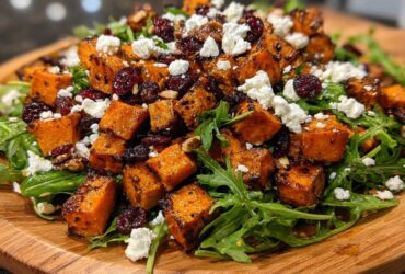 Close-up of amazing sweet potato salad featuring roasted sweet potato cubes, arugula, feta cheese, and dried cranberries.