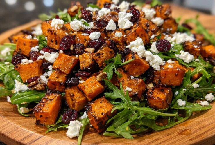 Close-up of amazing sweet potato salad featuring roasted sweet potato cubes, arugula, feta cheese, and dried cranberries.
