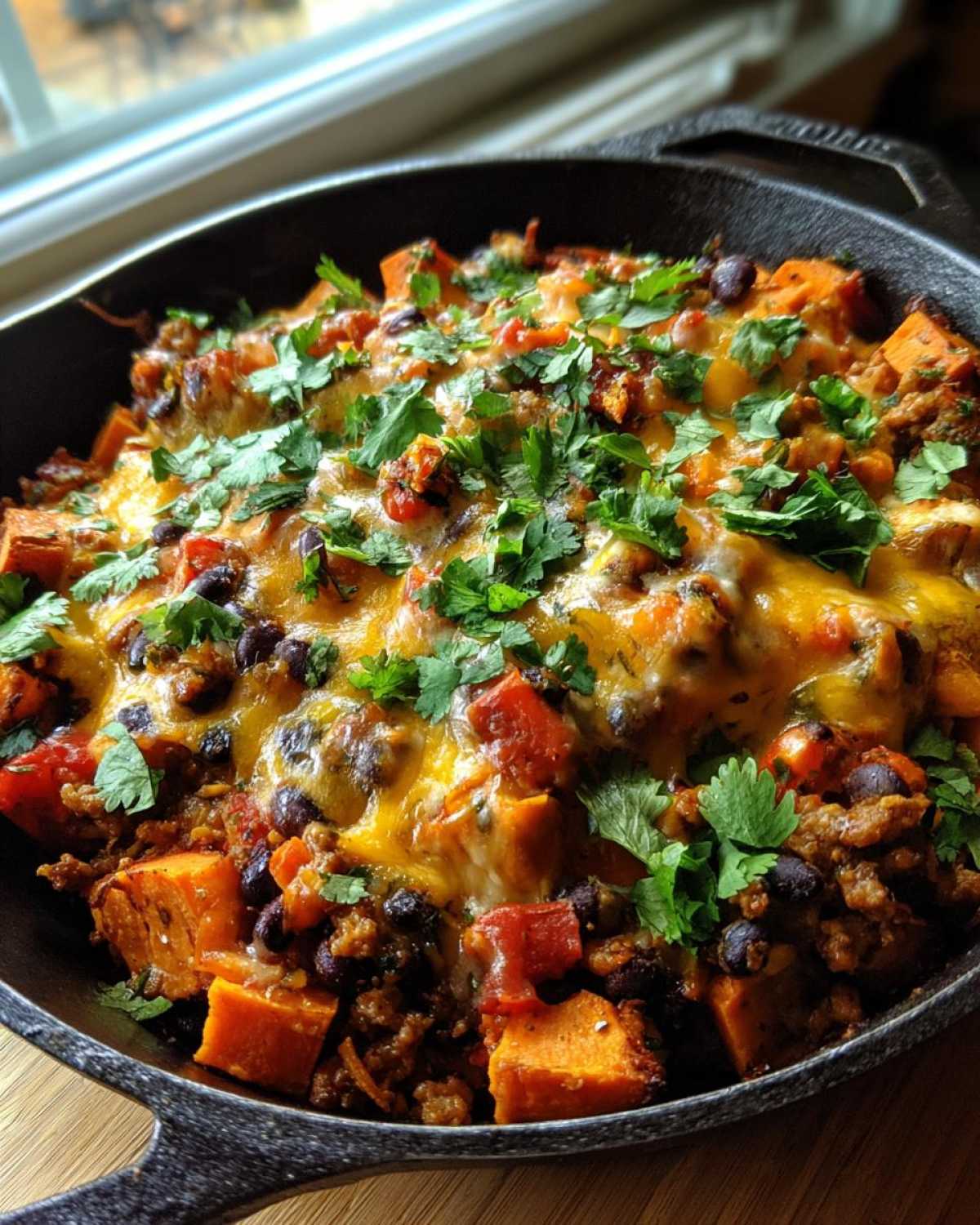 Close-up of a hearty sweet potato skillet with ground meat, black beans, melted cheese, and fresh cilantro garnish.