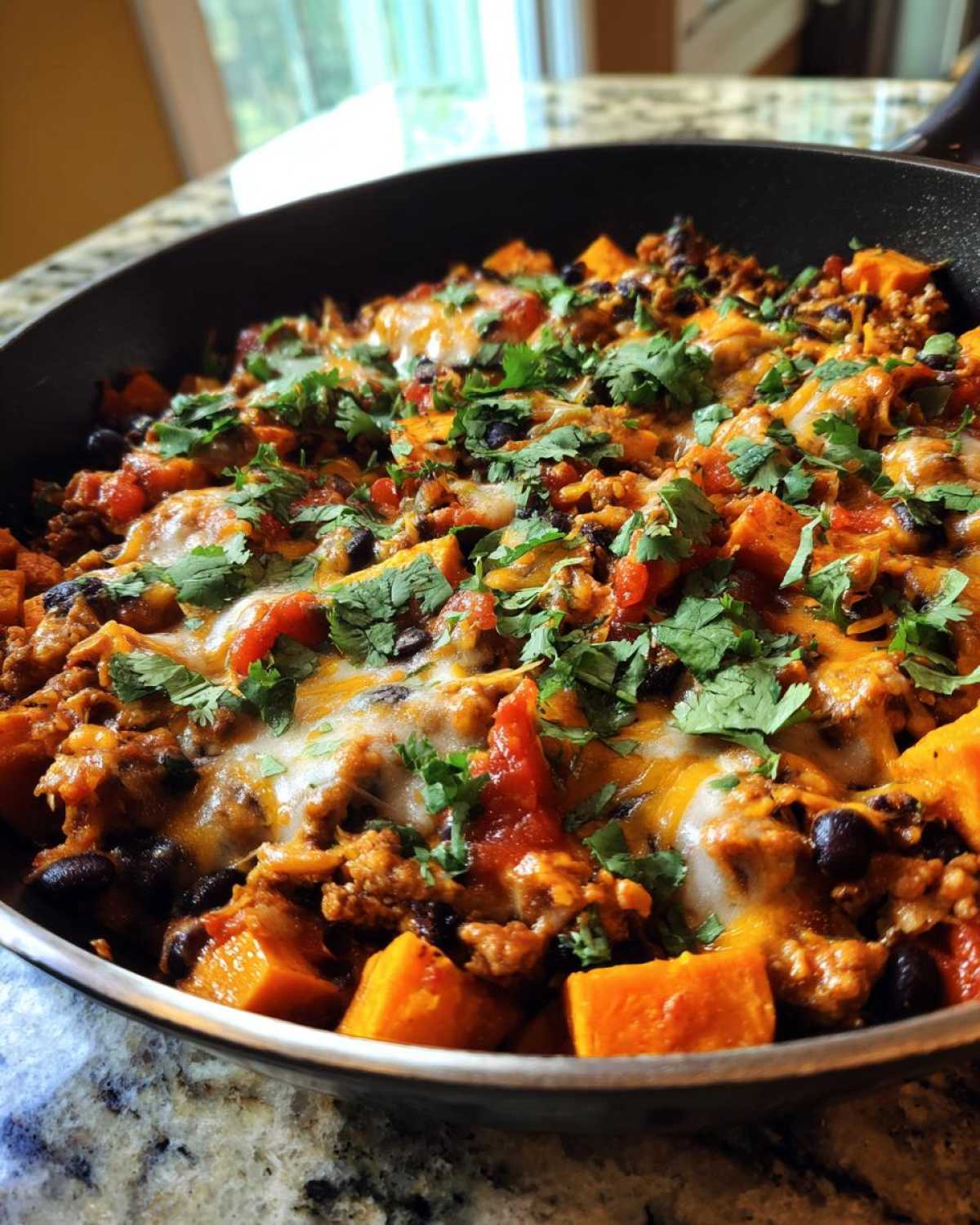 Close-up of a savory sweet potato skillet mixed with ground meat, black beans, tomatoes, melted cheese, and fresh cilantro.