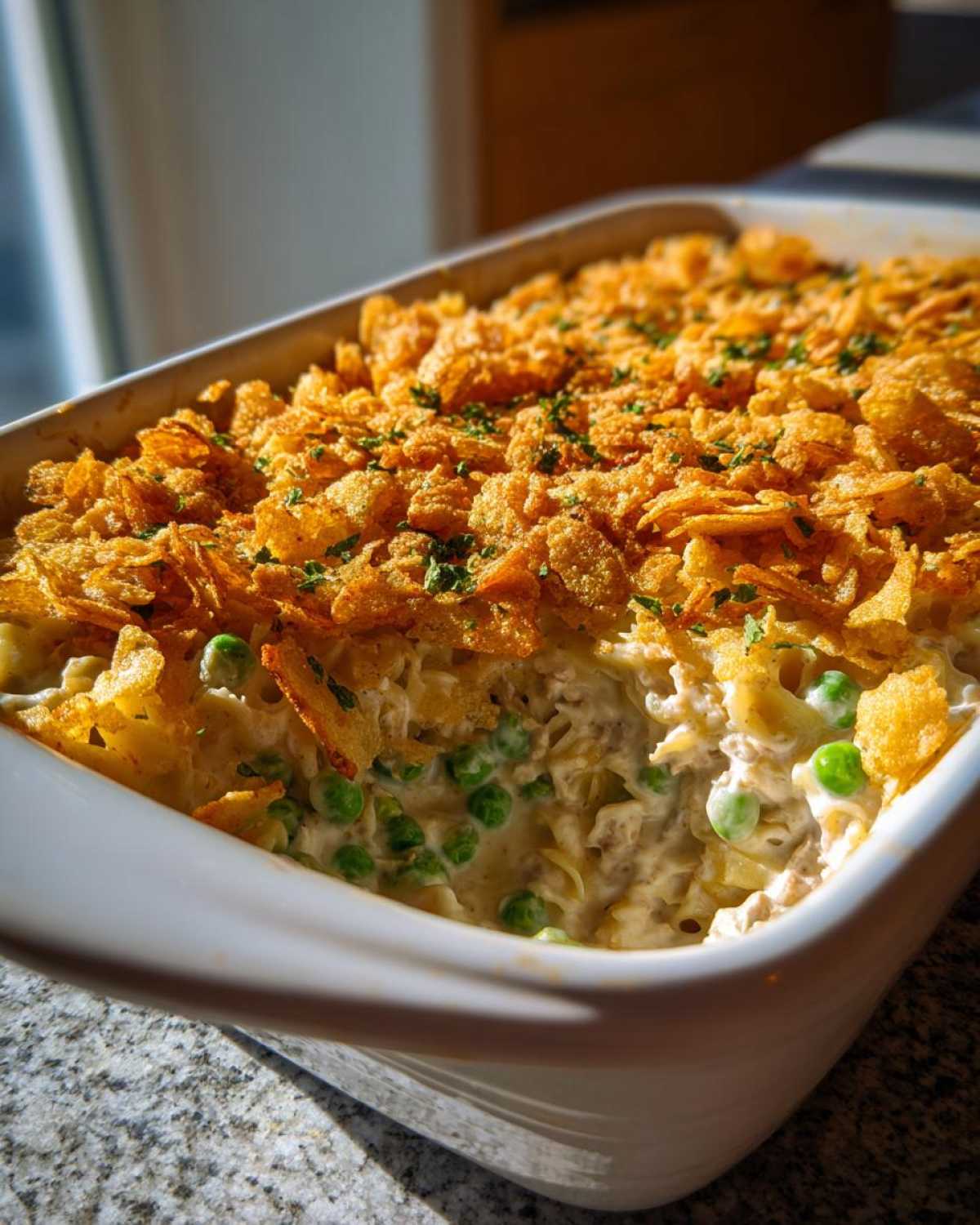 A close-up of creamy Tuna Casserole with peas, topped with golden crushed cornflakes and parsley.