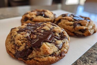 Three freshly baked vegan chocolate chip cookies with melted chocolate pools on top.