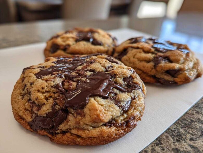 Three freshly baked vegan chocolate chip cookies with melted chocolate pools on top.