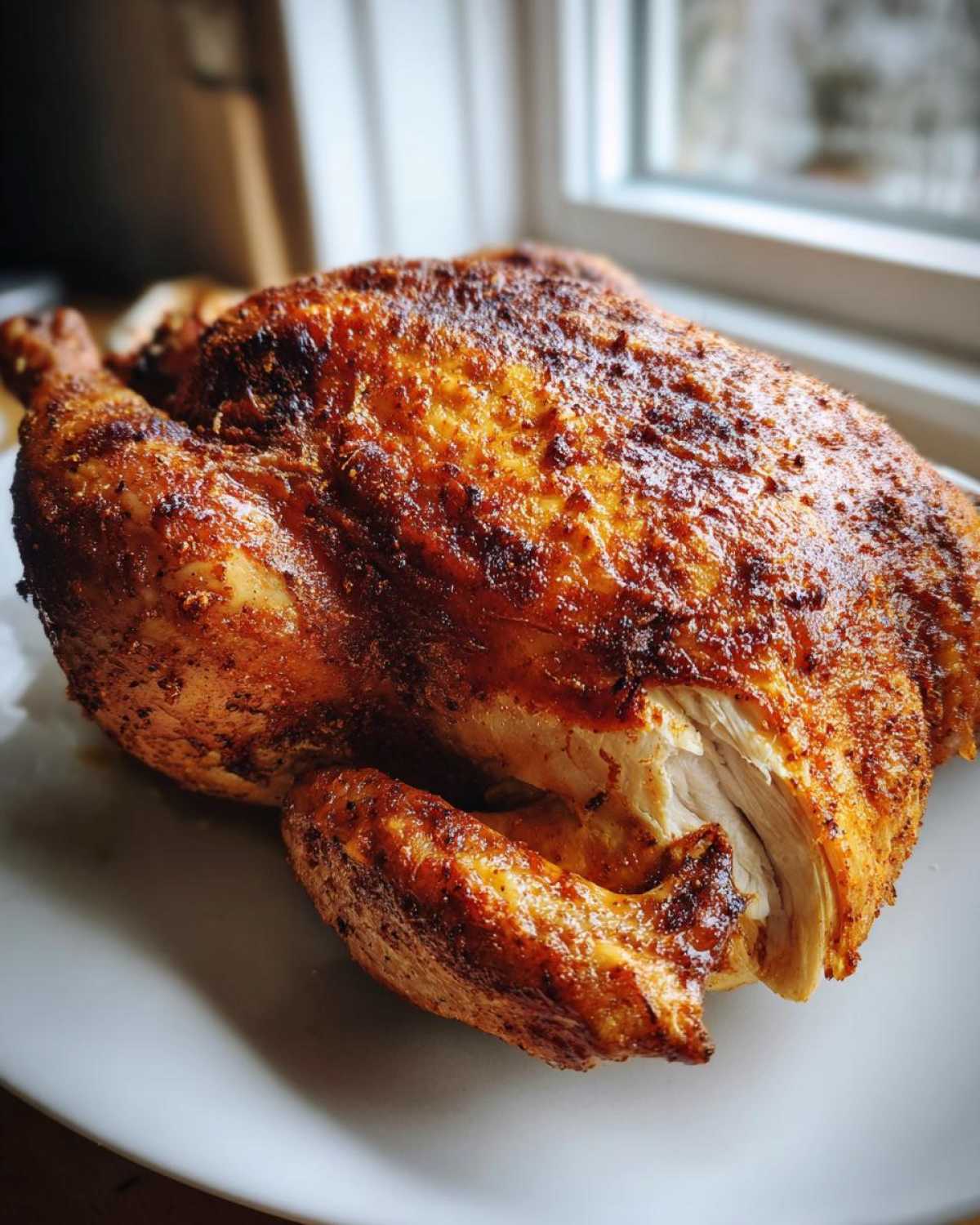 A beautifully roasted whole chicken with dark, crispy, seasoned skin resting on a white plate.