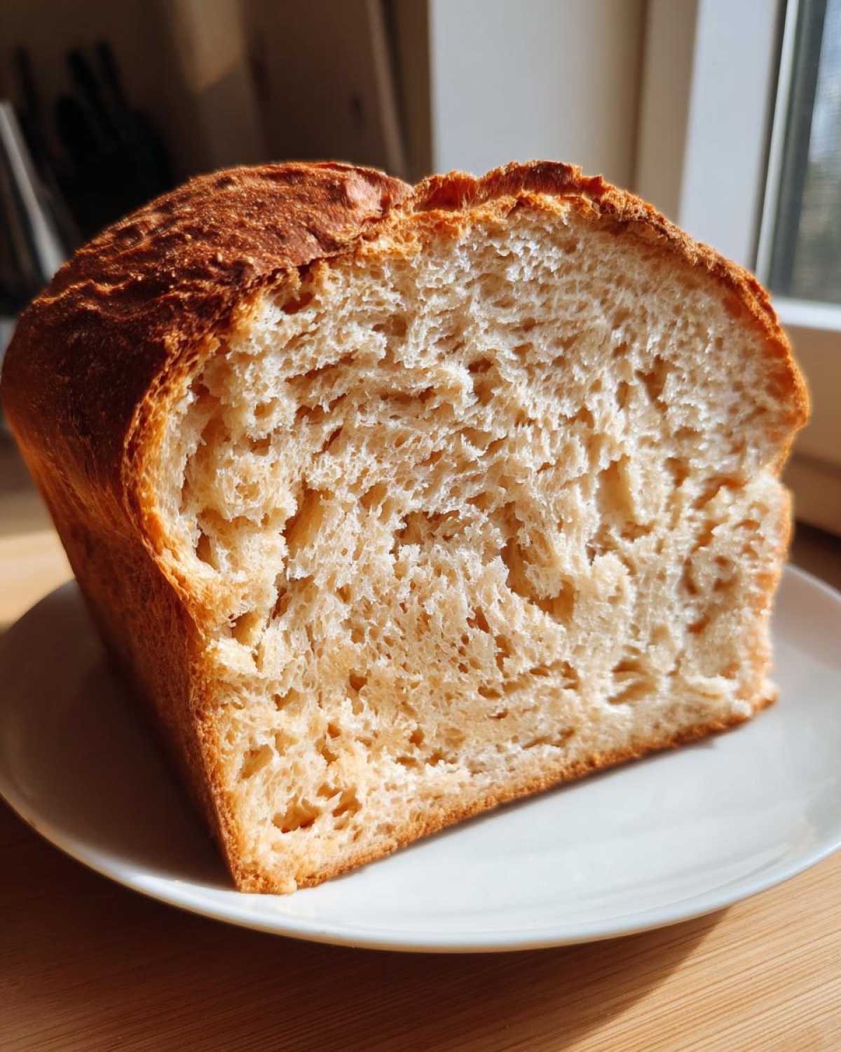Close-up of a freshly baked whole wheat bread loaf cut in half, showing a soft, airy crumb structure.