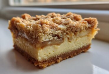 A single serving of apple cheesecake bars showing a graham cracker crust, creamy filling, apple layer, and crumb topping.