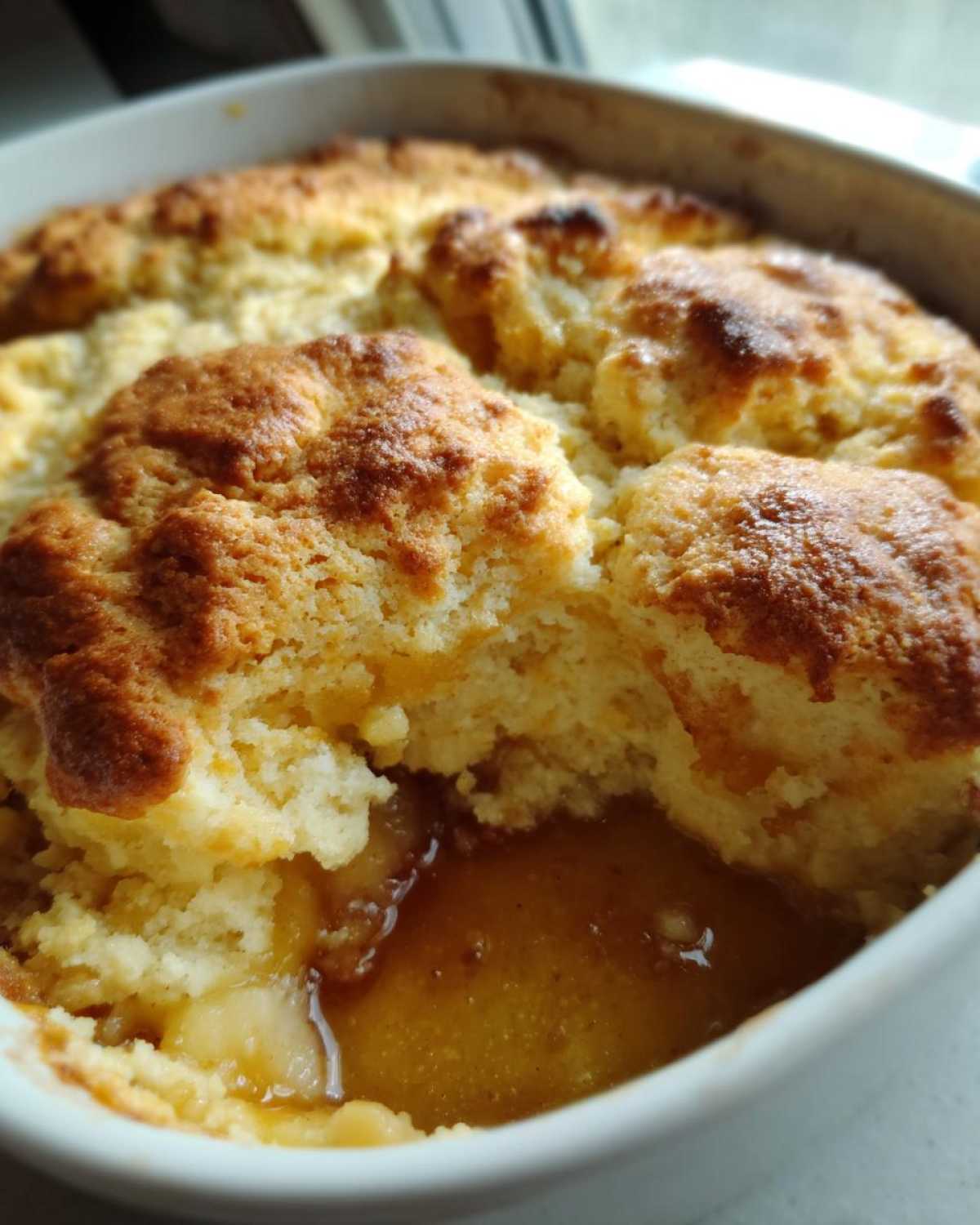 A close-up shot showing the golden, baked topping of an apple cobbler recipe with bubbling, syrupy filling visible underneath.
