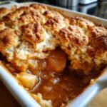 Close-up of a bubbling, golden-brown apple cobbler recipe with a scoop taken out to show the spiced apple filling.